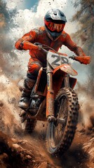 Vibrant motocross racers race through challenging terrain, creating an exciting spectacle