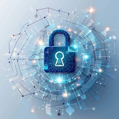 Abstract illustration of a cyber security concept featuring a padlock encircled by intricate network data and dynamic lines on a light blue background, symbolizing online protection.