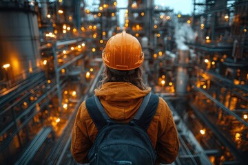 Fototapeta premium rear view of a worker in safety gear observing a bustling factory floor symbolizing workplace safety and industrial progress in a dynamic manufacturing environment
