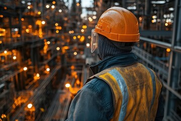 Obraz premium rear view of a worker in safety gear observing a bustling factory floor symbolizing workplace safety and industrial progress in a dynamic manufacturing environment