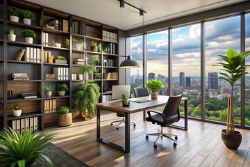Modern spacious office with sleek black desk, ergonomic chair, and shelves filled with books and decorative plants,