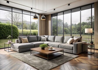 Fototapeta premium Modern square-shaped living room with sleek grey sectional sofa, glass coffee table, and minimalist decor, surrounded