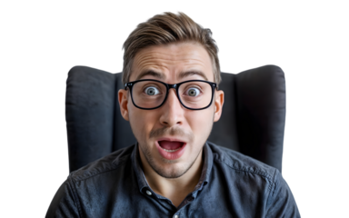 shocked man with wide eyes and open mouth, wearing glasses and dark shirt, seated on a chair, expressing surprise or disbelief, isolated on a transparent background