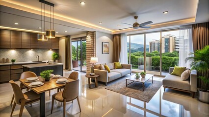 Fototapeta premium Modern two bedroom hall kitchen apartment in a newly constructed residential building with sleek architecture and lush