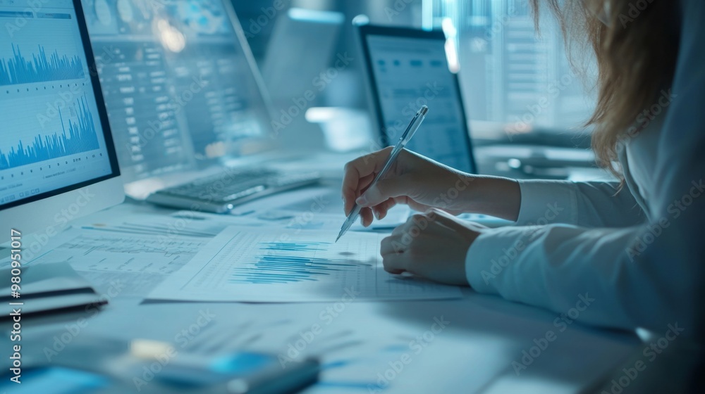 Aufkleber A close-up of a financial analyst reviewing a line graph with detailed metrics and annotations, surrounded by documents and financial tools.