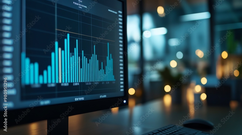 Poster a close-up of a financial bar chart displayed on a computer screen, showing various data points and 