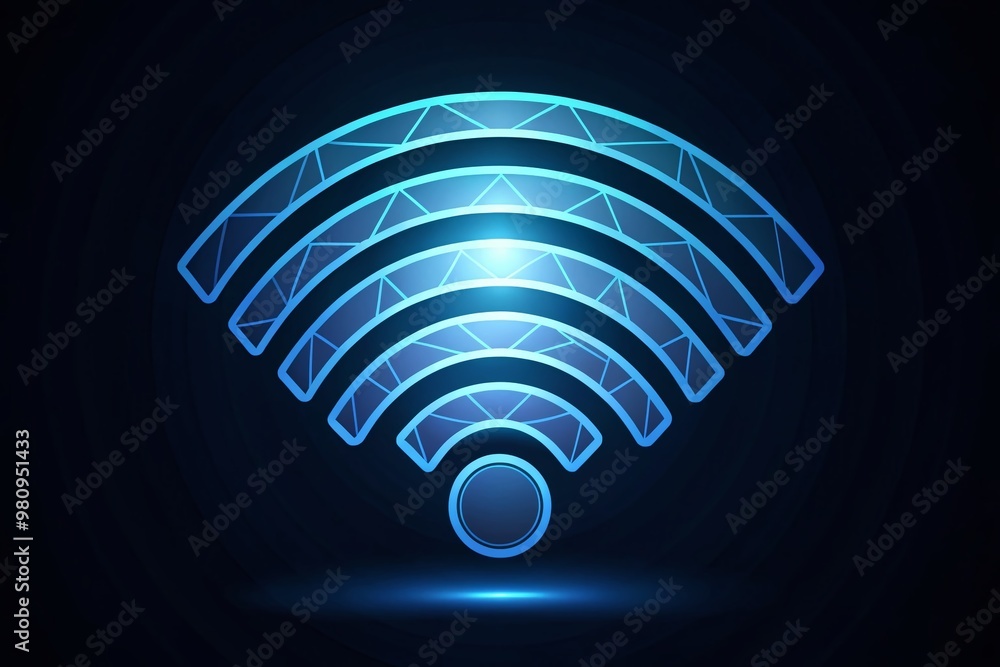 Poster modern wireless network symbol with circular waves and symmetrical geometric shapes, conveying conne