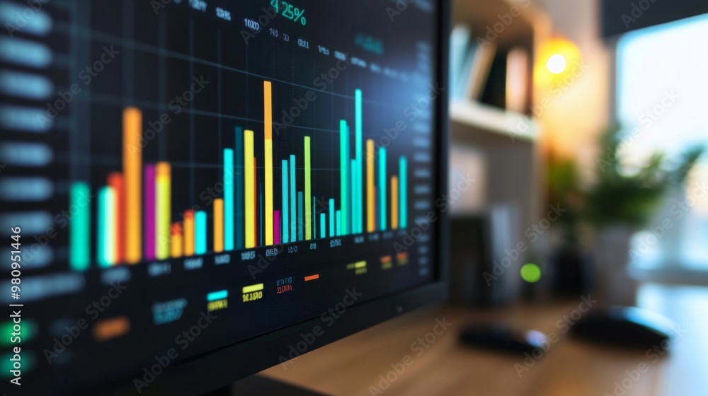 Poster a close-up of a financial bar chart on a computer screen, showing different data categories with col