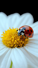 Obraz premium one white chamomile on white background, and a little ladybug sits on the white petals