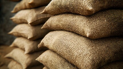 Obraz premium Stacked burlap sandbags displayed in earthy tones, showcasing rough textured fabric in a flood protection barrier, emphasizing rugged construction in an outdoor setting.