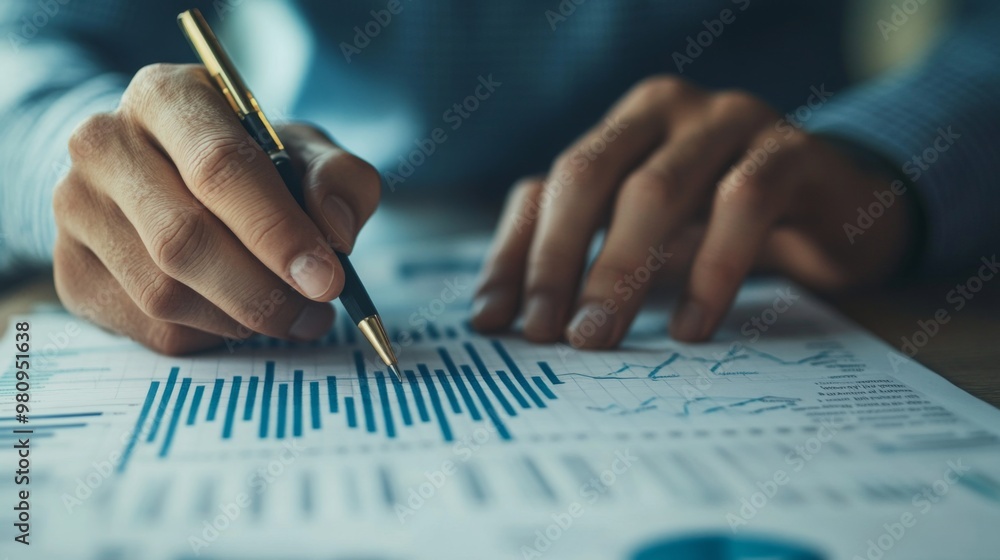 Poster A close-up of a financial analyst reviewing a line graph with detailed metrics and annotations, surrounded by documents and financial tools.