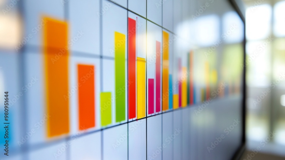Poster a close-up of a financial bar chart on a computer screen, showing different data categories with col