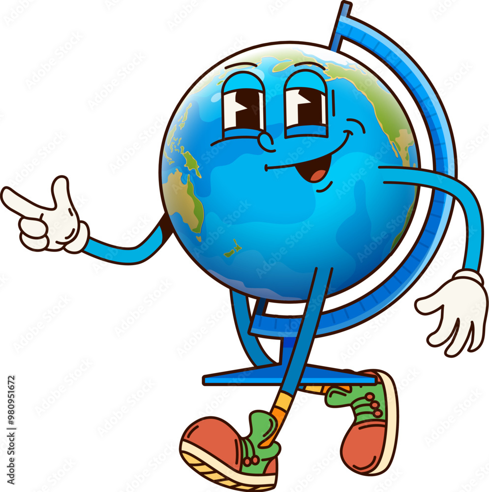Poster school education globe groovy character. isolated cartoon vector earth planet, retro geographical ma
