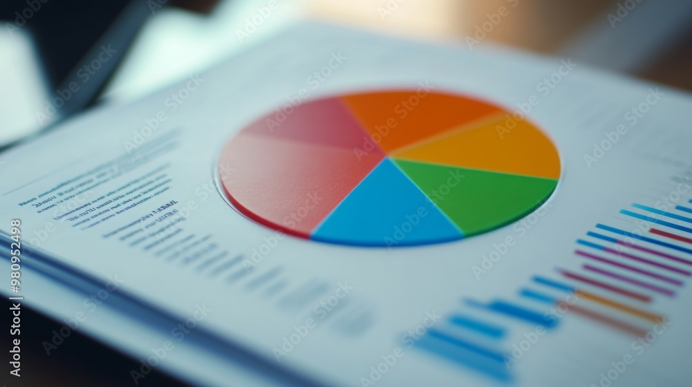 Leinwandbilder A close-up of a financial pie chart on a printed report, with distinct color segments representing different financial categories, placed on a clean white desk.