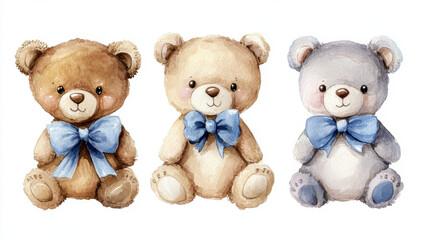 Teddy Bears,  Adorable watercolor illustration featuring three cute teddy bears adorned with blue bows, perfect for children's decor and cheerful designs