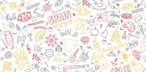 Spain Symbol Element Colorful Doodle Line Art Illustration. Hand Drawn Vector Clip Art. Banner Background
