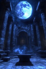 Mystical Ruins Under a Bright Blue Moon