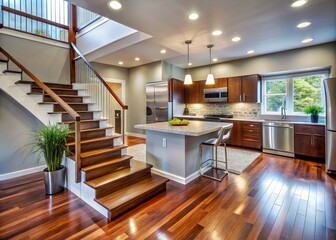 Fototapeta premium Modernized split-level home with sleek staircase, refinished hardwood floors, and updated kitchen featuring sleek