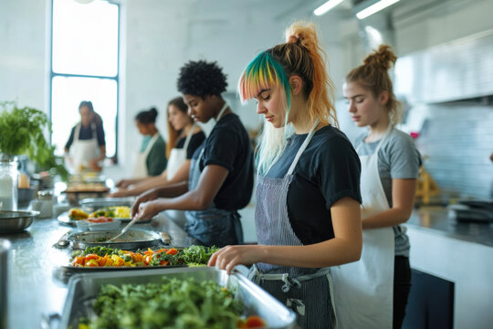 Young adults preparing fresh vegetables in a bustling urban kitchen during a community cooking class event