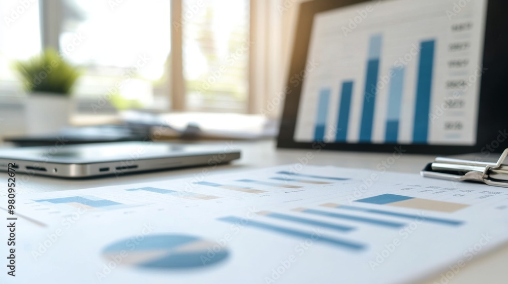 Poster a close-up of a financial report with multiple bar charts and performance metrics, emphasizing detai