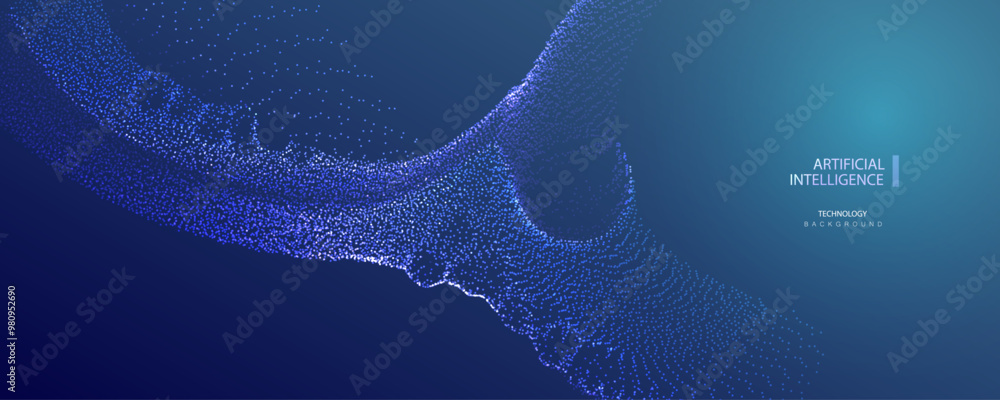 Poster technology ai particles banner. dots explosion big data neon blue background. artificial intelligenc