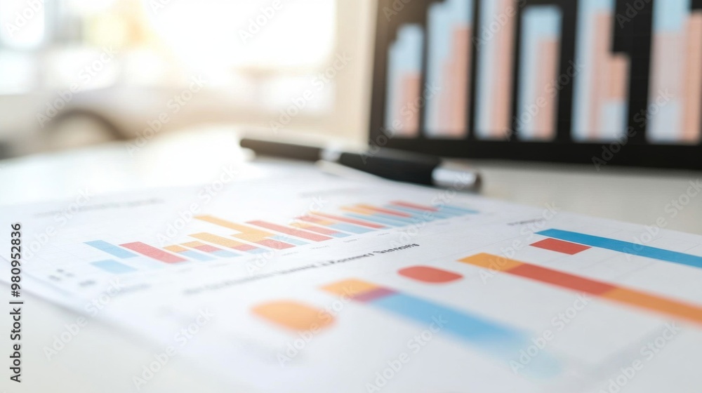 Aufkleber a close-up of a financial report with multiple bar charts and performance metrics, emphasizing detai