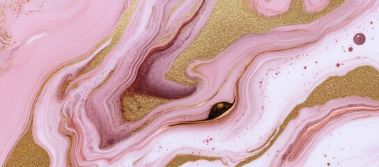 Obraz premium Background banner with pink petals, blossoms, swirls of gold painted lines and marbled stone ink liquid fluid paintings.