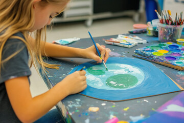 A young girl paints a colorful earth globe during an art class in a vibrant classroom setting with various supplies around her