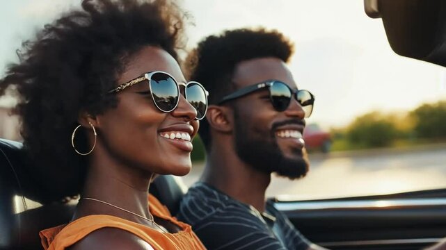 Black Smiling Couple Enjoying a Sunny Drive in a Convertible Car Generative AI