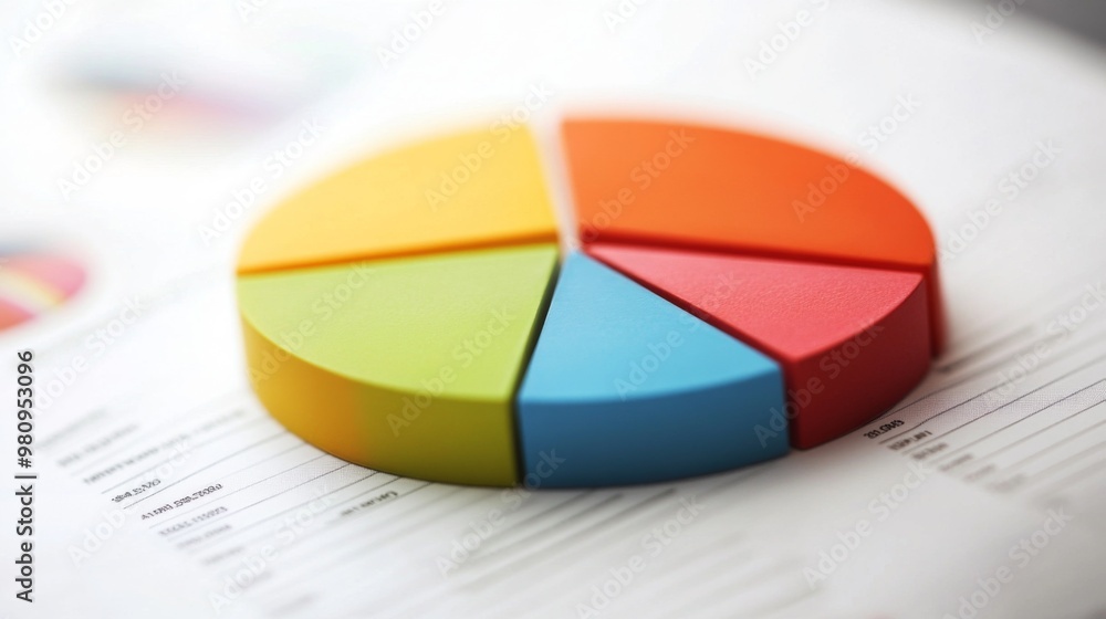 Fototapete a close-up of a financial pie chart on a printed report, with distinct color segments representing d