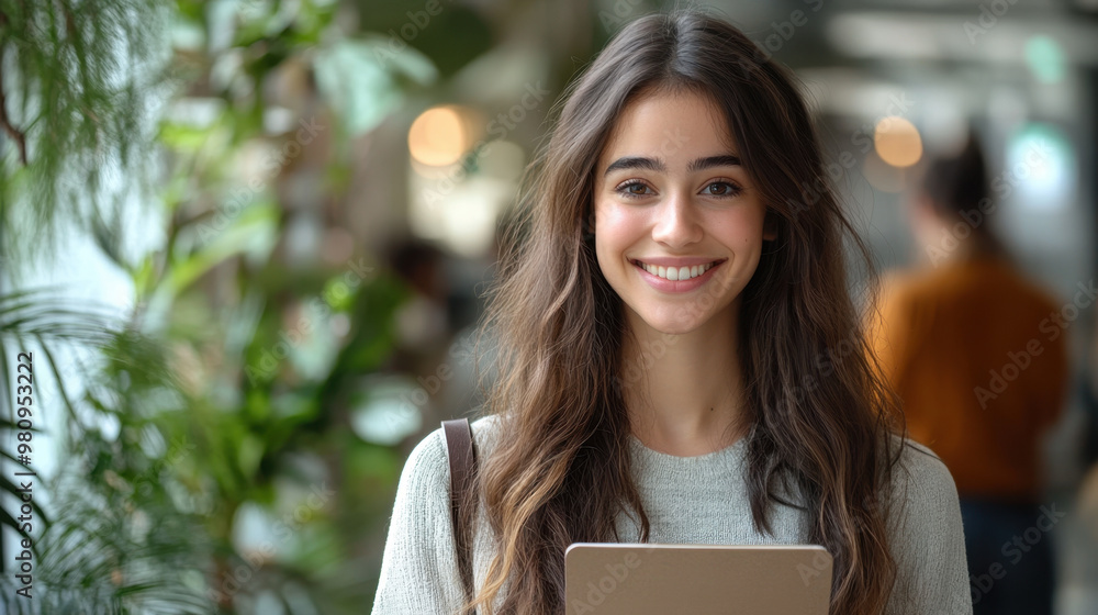Poster project coordinator, a female project coordinator holding mockup notebook computer and smiling to ca