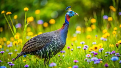 Obraz premium In a lush meadow, a vibrant guinea fowl searches for food among blooming flowers and tall grass, its
