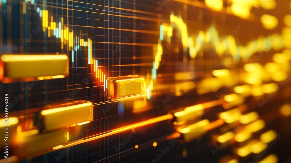 Aufkleber A close-up of a gold price chart displayed on a computer screen, showing fluctuating data and trends with gold bars in the background, emphasizing market analysis.