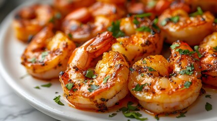 Close-up of succulent grilled shrimp in spicy sauce, garnished with fresh green herbs, exhibiting an appetizing texture and vibrant orange-red color on marble.