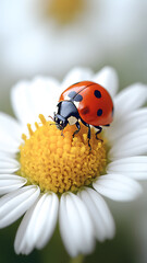 Obraz premium one white chamomile on white background, and a little ladybug sits on the white petals