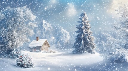 Snowy Merry Christmas banner with a picturesque winter scene, ample space for your personalized message