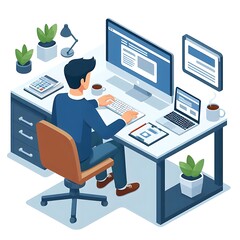 A man working with laptop at desk in flat isometric vector illustration