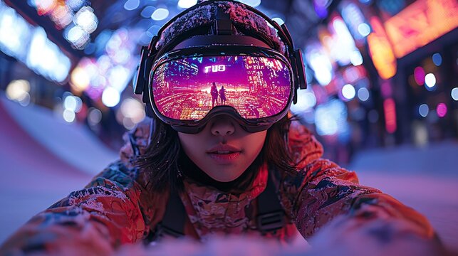 Show an Asian teen fully engaged in a virtual reality skating game, simulating jumps and tricks in the metaverse