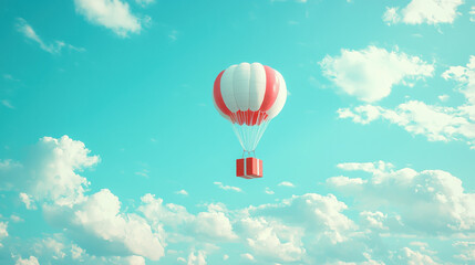 Obraz premium air cargo logistic, A whimsical scene of a floating package in a bright blue sky, suspended by a classic white and red parachute