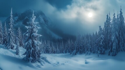Fototapeta premium A serene winter landscape with snow-covered trees and a glowing moon in a misty atmosphere.