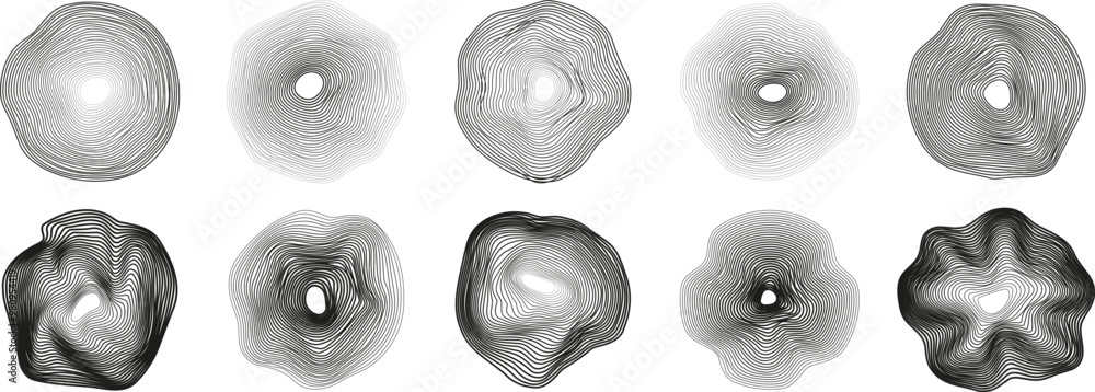 Poster set of abstract tree rings. vector topographic map concept. spheres of wavy dynamic lines. thin blac