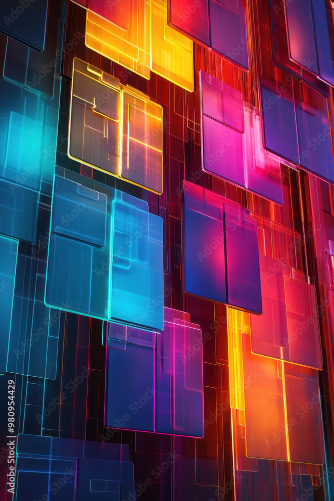 Poster document management, colorful 3d folders arranged in a dynamic pattern, illuminated by neon hues aga