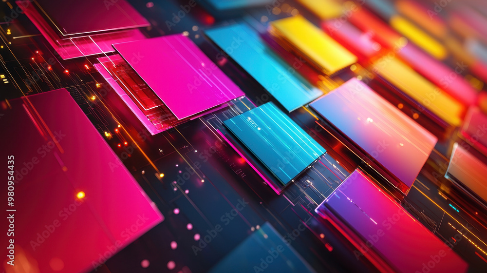 Poster document management, colorful 3d folders arranged in a dynamic pattern, illuminated by neon hues aga