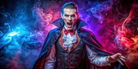 Vampire in Gothic Costume with Intense Expression Surrounded by Red and Blue Smoke
