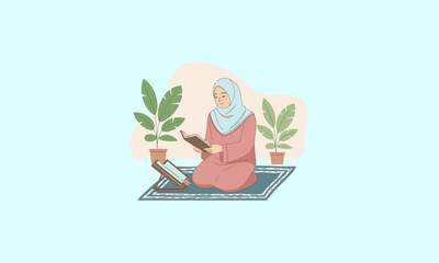 Muslim woman reading Quran on prayer mat, peaceful setting