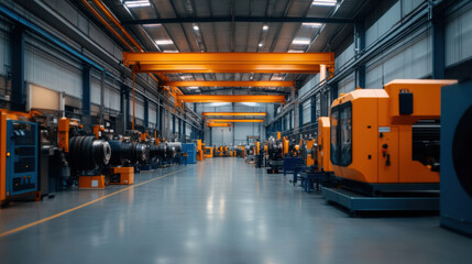 Fototapeta premium Wide-angle view of a modern industrial factory interior featuring large, automated machinery and equipment under bright overhead lighting.