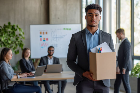 A professional man holds a box of documents while leaving an office meeting in a modern workspace during daytime hours