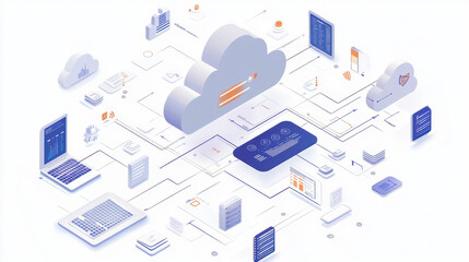 Cloud file integration and migration,  illustration showing cloud API integration with data streams and digital connections
