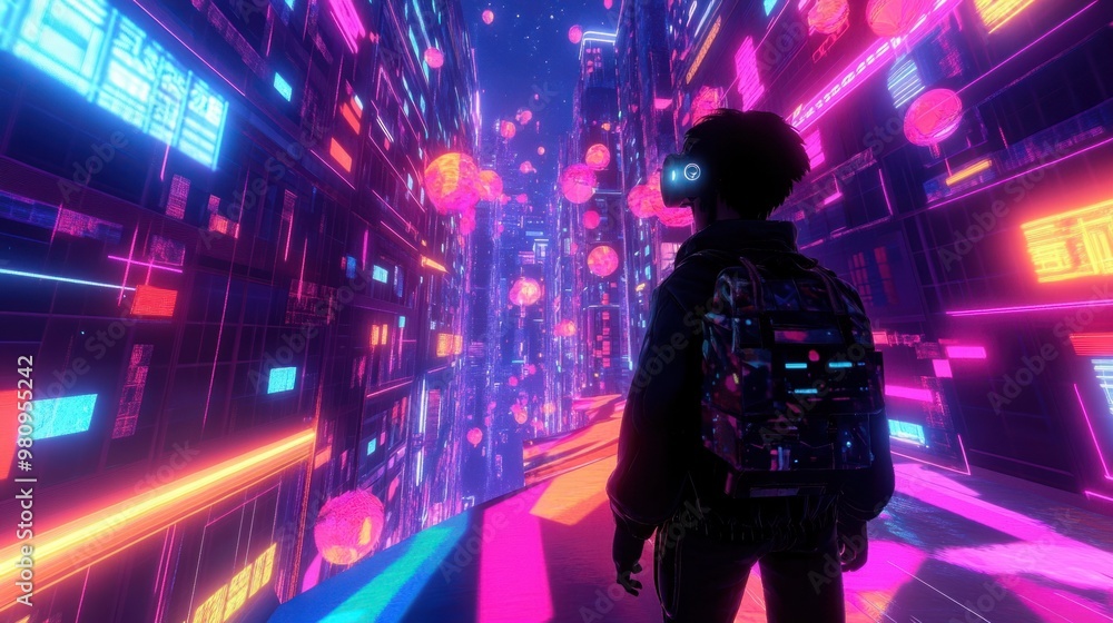 Poster a user avatar exploring a vibrant virtual world in the metaverse, filled with neon lights and floati