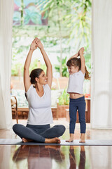 Fitness, family and playful yoga by mother and daughter on floor, bonding and wellness in home. Pilates, girl and mom with relax, stretching and zen for holistic mind health exercise in house